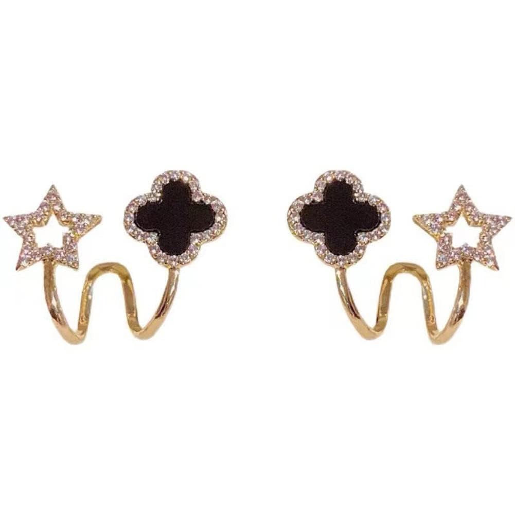 Sparkling Clover Star Earrings – Gold Plated with Black Enamel & Crystals