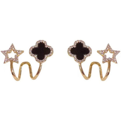 Sparkling Clover Star Earrings – Gold Plated with Black Enamel & Crystals