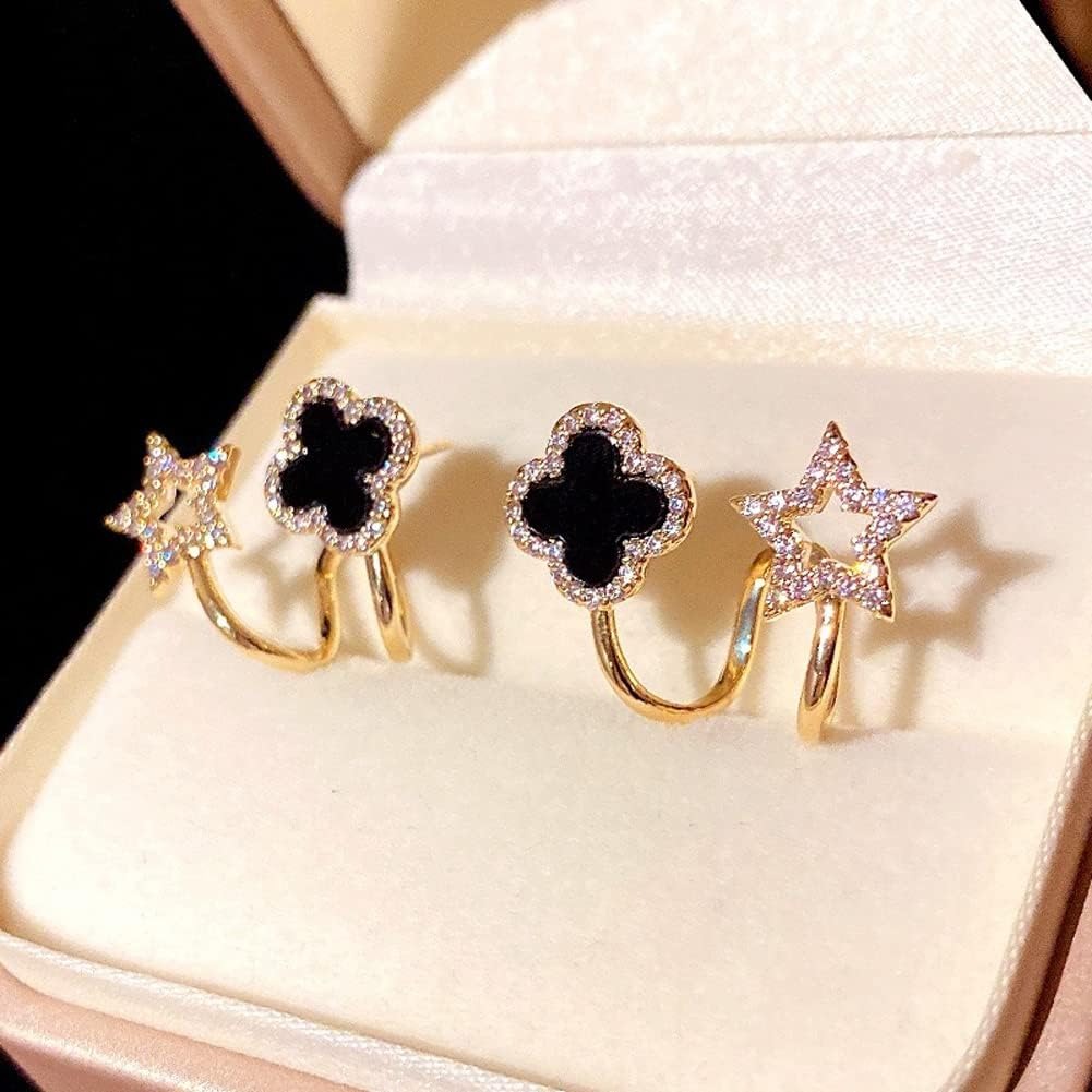 Sparkling Clover Star Earrings – Gold Plated with Black Enamel & Crystals