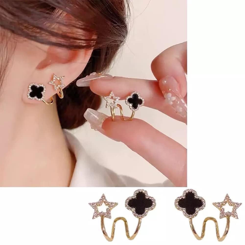 Sparkling Clover Star Earrings – Gold Plated with Black Enamel & Crystals