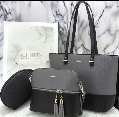 3‑Piece Tote Handbag Set – Black & Skin, Elegant Premium Quality