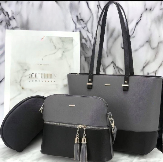 3‑Piece Tote Handbag Set – Black & Skin, Elegant Premium Quality