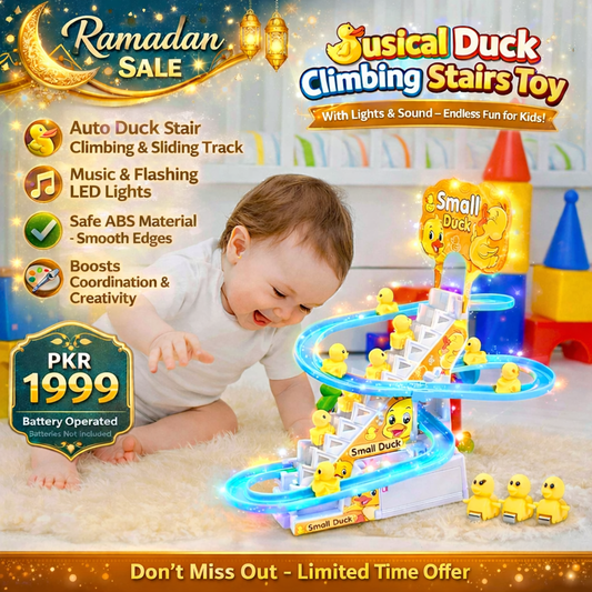 Ramadan Sale – Kids Musical Duck Climbing Stairs Toy Track Set with Lights & Sound